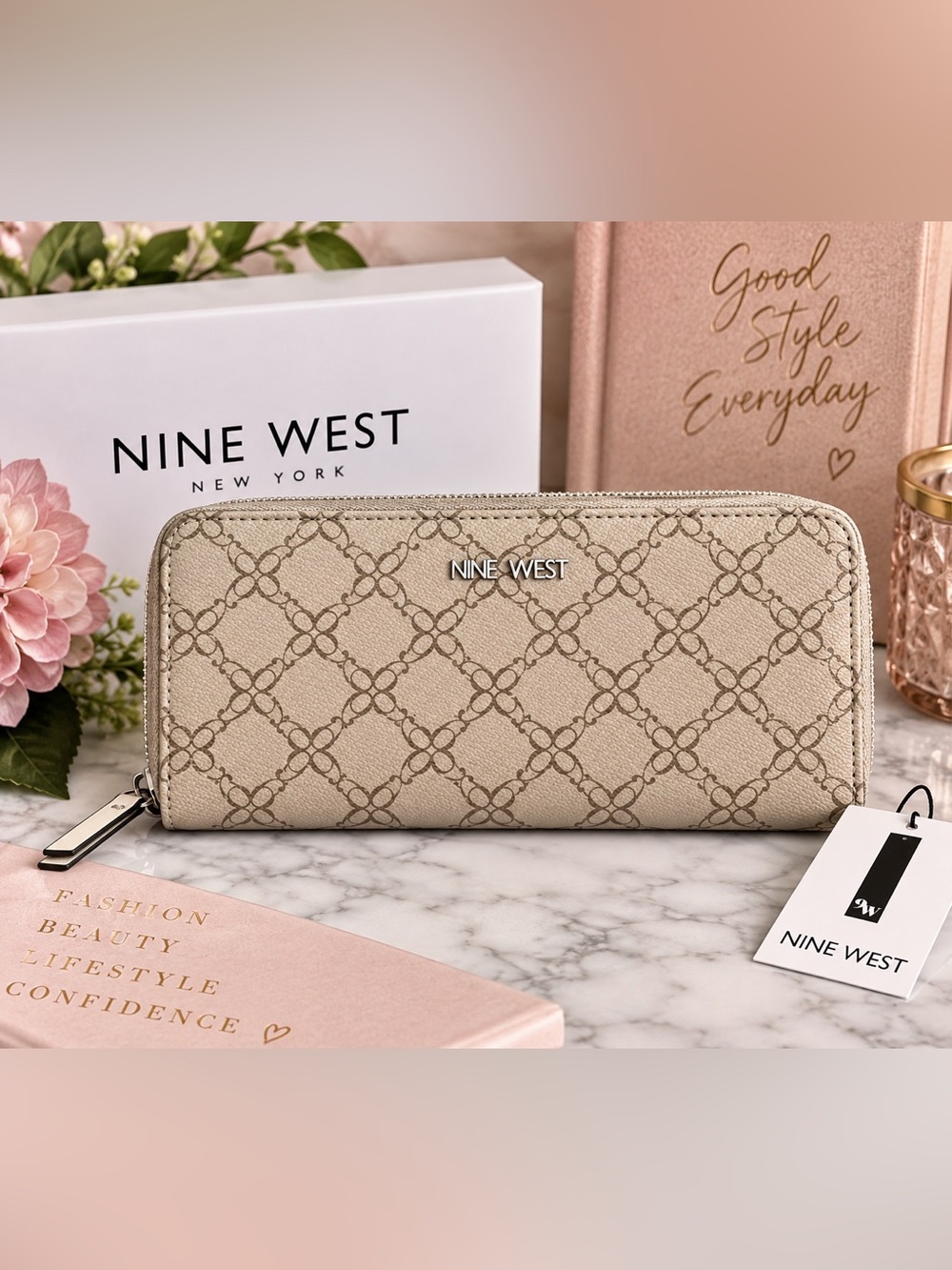 Nine West Norah Zip-Around Wallet Taupe Beige Logo Print NWT